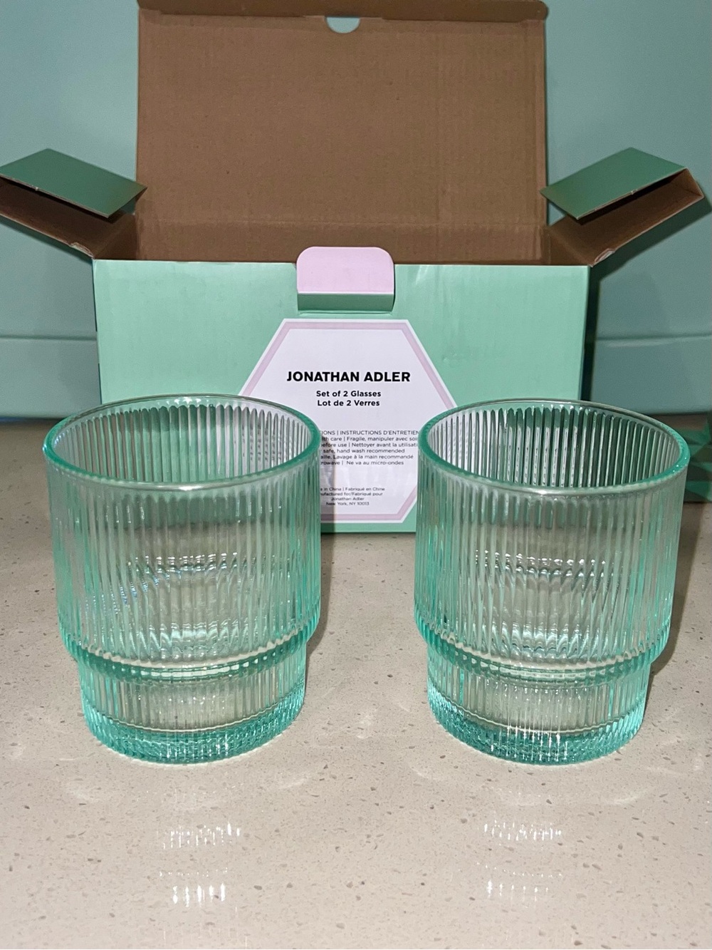 Jonathan Adler Aqua Ribbed Glass Tumblers, Set of 2 NEW WITH TAGS